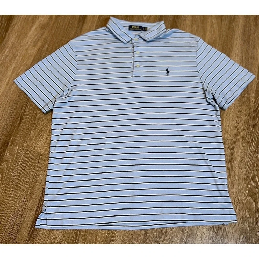 Polo Ralph Lauren Men's Light Blue T-Shirt‎ XL with Navy Pony and Navy Stripes